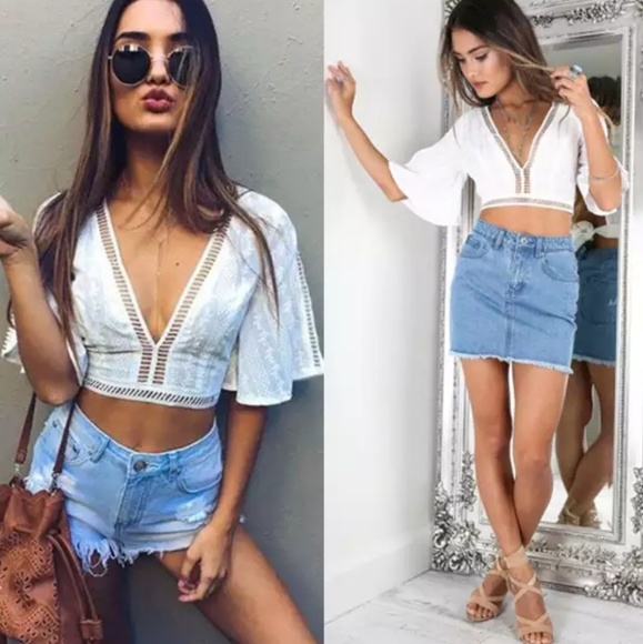 Boho Summer Beach Flutter Sleeve Tie Back Crop Top - Picture 2 of 4